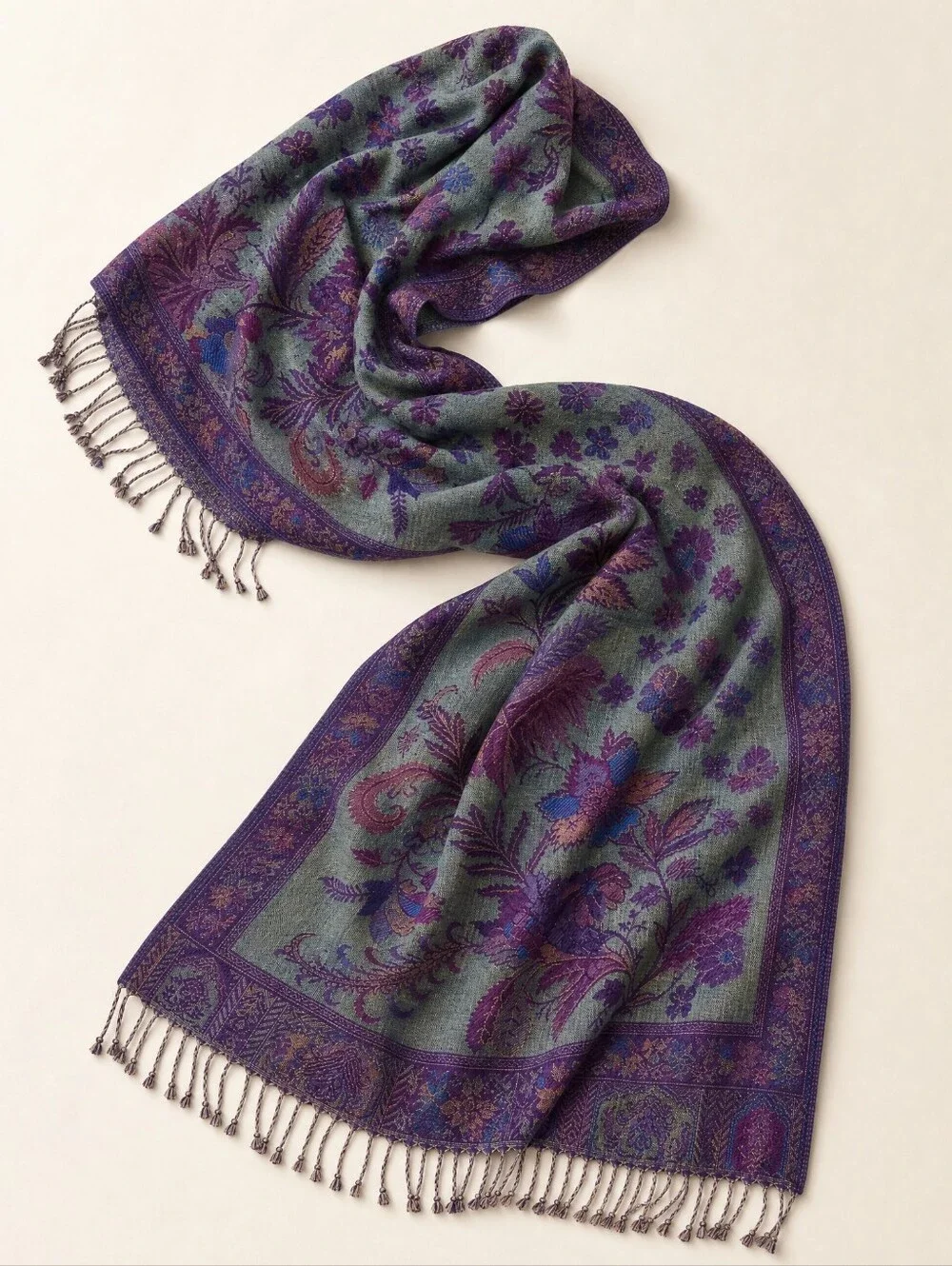 Floral Paisley Jacquard Scarf Wrap Shawl Iridescent Teal Purple Fringe 26.5